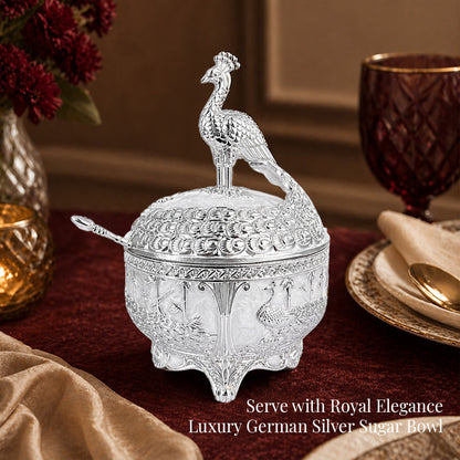 Diviniti German Silver Peacock Sugar Bowl with Spoon & Luxury Gift Box – Silver Finish on elegant table setting.