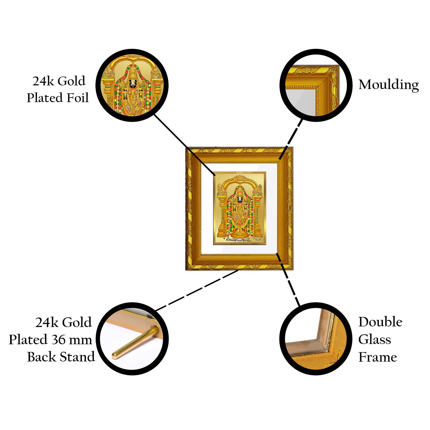 DIVINITI 24K Gold Plated Foil Tirupati Balaji Photo Frame for Home Decor, Premium Gift, Puja DG 103 Size 1 (15.3x14.9 CM)