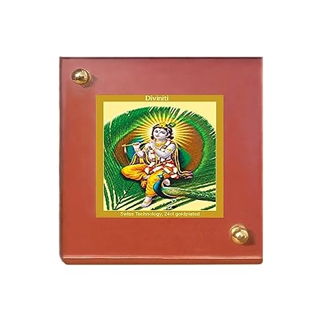 Diviniti 24K Gold Plated Foil Krishna Frame For Car Dashboard, Home Decor, Table Top, Puja (5.5 x 6.5 CM)