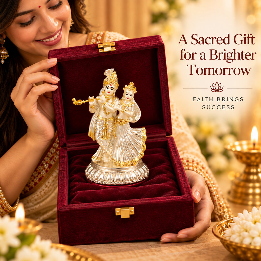 999 Silver-Plated Dual-Tone Radha Krishna Idol | Premium Gift Box | 11.5x8 CM