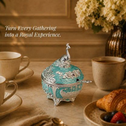 Diviniti Luxury Silver-Plated Peacock Sugar Bowl | Turquoise Lidded Serving Pot for Festive & Wedding Gifting