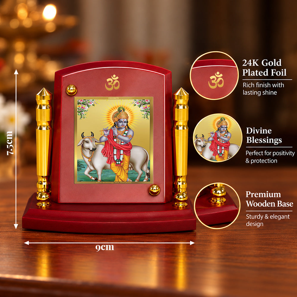 24K Gold-Plated Krishna with Surbhi Cow MDF Car Dashboard Frame | 7.5x9 CM