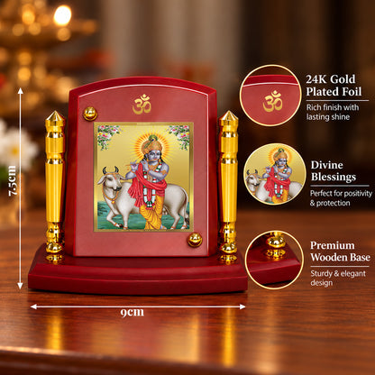 24K Gold-Plated Krishna with Surbhi Cow MDF Car Dashboard Frame | 7.5x9 CM