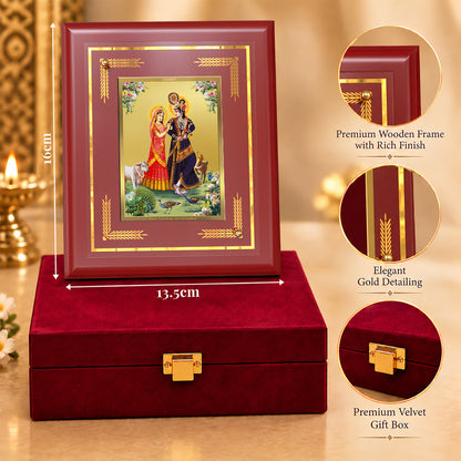 24K Gold-Plated Radha Krishna with Cow MDF Frame | Premium Gift Box | 13.5x16 CM