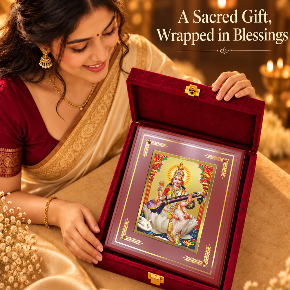 24K Gold-Plated Goddess Saraswati MDF Frame | Premium Gift Box | 27x35 CM