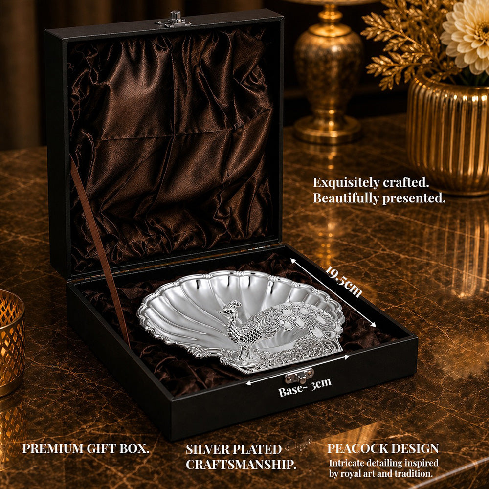 Diviniti Silver Peacock German Silver Dry Fruit Bowl with Gift Box beautifully presented in premium gift box.