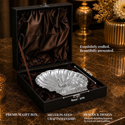 Diviniti Silver Peacock German Silver Dry Fruit Bowl with Gift Box beautifully presented in premium gift box.