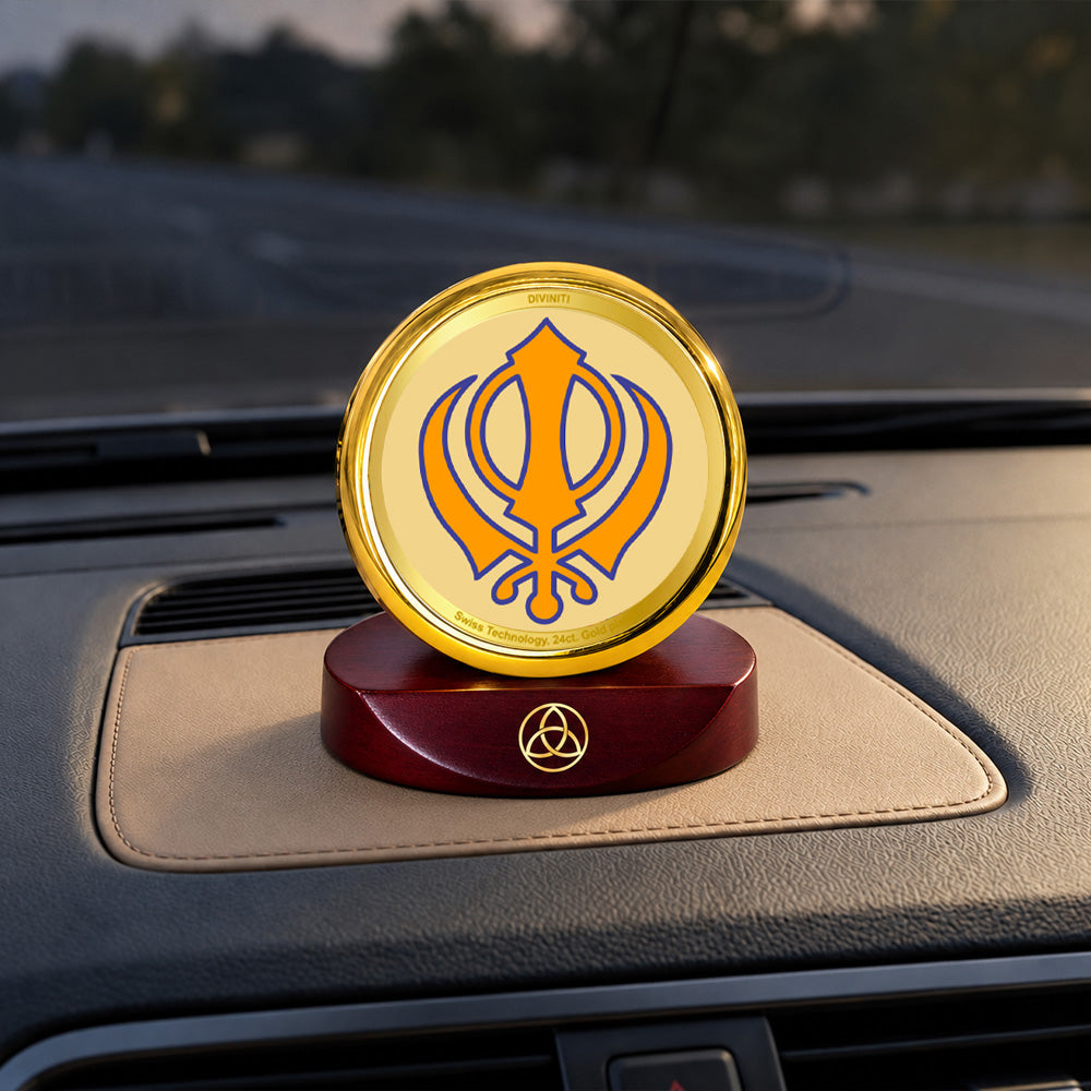 24K Gold-Plated Khanda Sahib Car Dashboard Frame | 5x5 CM