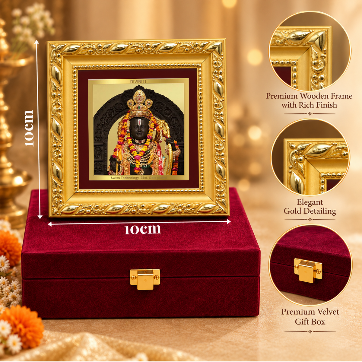 24K Gold-Plated Lord Ram Lalla Frame | Premium Gift Box | 10x10 CM