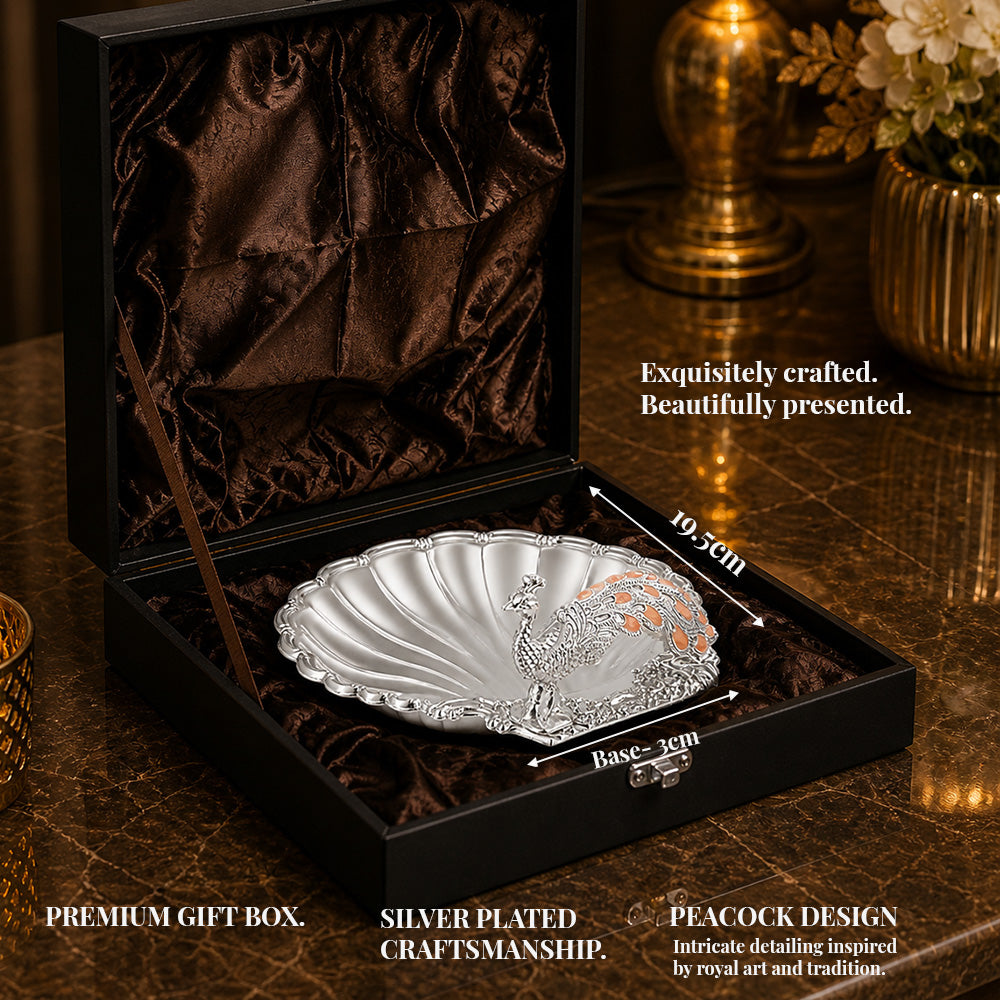 Diviniti Amber Peacock German Silver Dry Fruit Bowl beautifully presented in premium gift box with intricate peacock design.