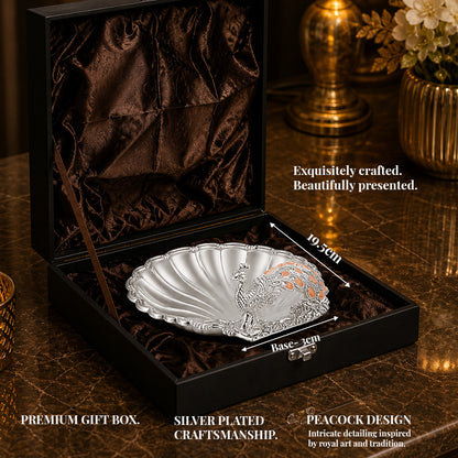 Diviniti Amber Peacock German Silver Dry Fruit Bowl beautifully presented in premium gift box with intricate peacock design.