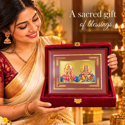24K Gold-Plated Lakshmi Ganesha MDF Frame | Premium Gift Box | 26x20 CM