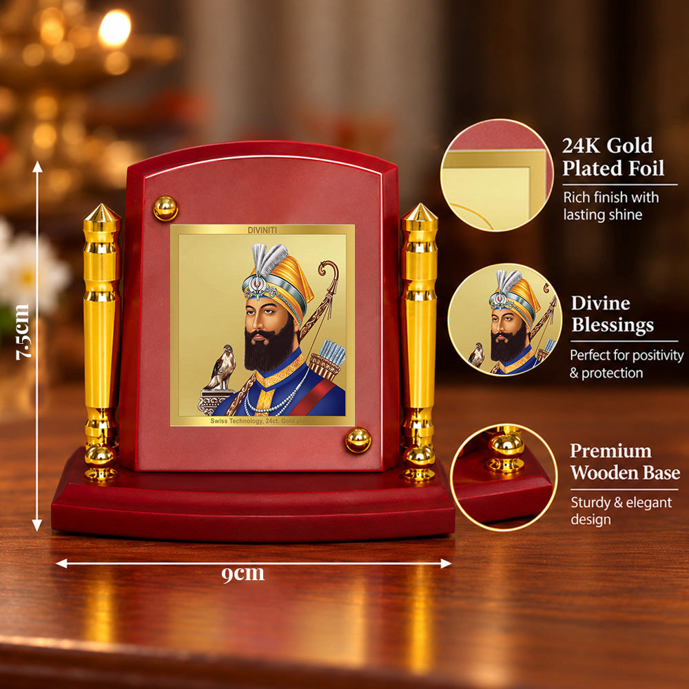 24K Gold-Plated Guru Gobind Singh Ji MDF Car Dashboard Frame | 7.5x9 CM