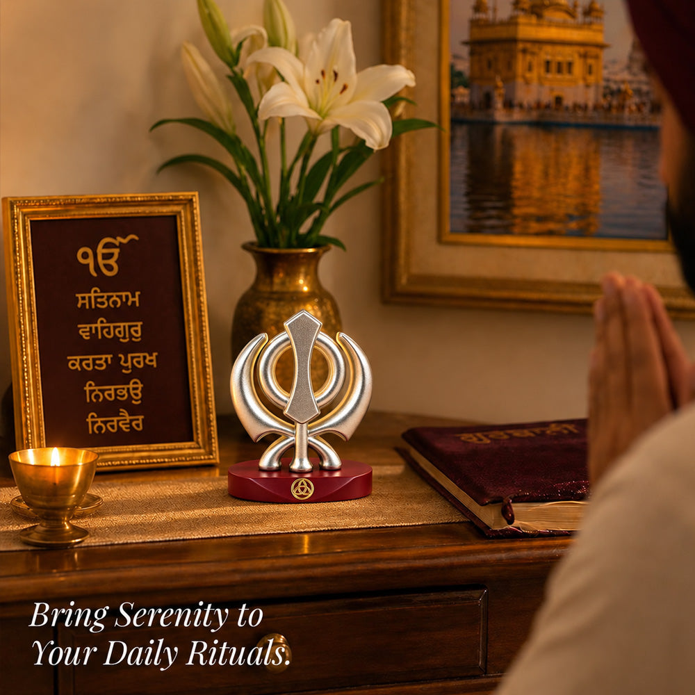 Silver-Plated Khanda Sahib Resin Idol for Car Dashboard & Home | Premium Gift Box | 7.5x5.5 CM
