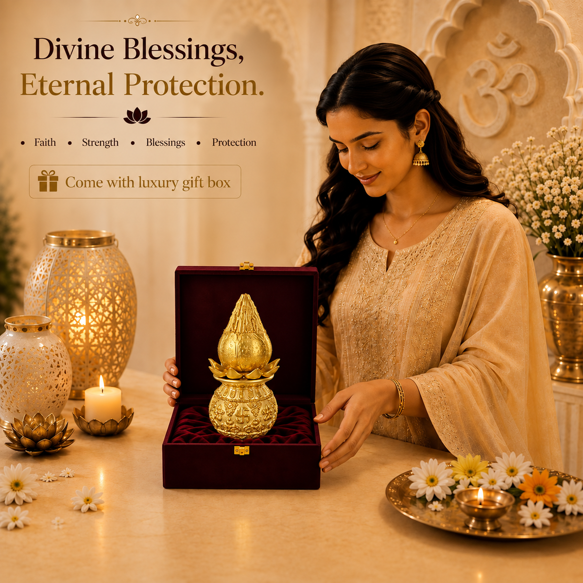 24K Gold-Plated Lakshmi Kalash with Coconut | Premium Gift Box | 16x8 CM