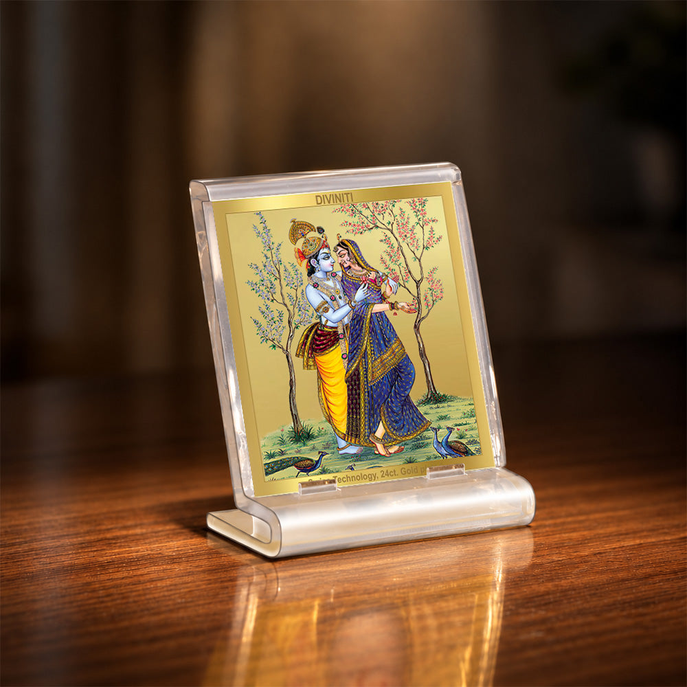 24K Gold-Plated Radha Krishna with Peacock Acrylic Car Dashboard Frame | 6x5 CM