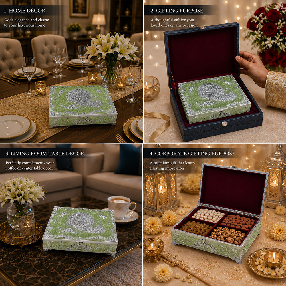 Diviniti German Silver Peacock Decorative Box 4-in-1 | Elegant Green Enamel Multipurpose Box with Luxury Gift Box