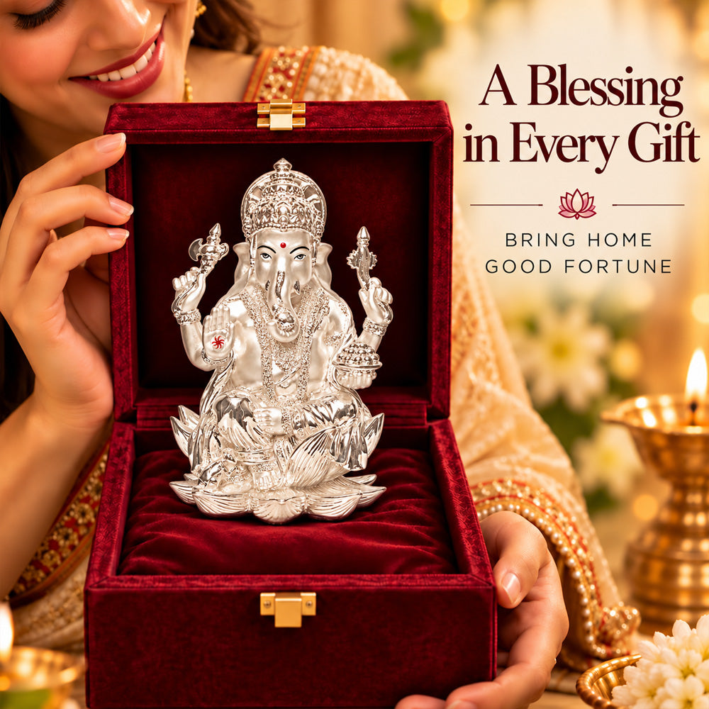 999 Silver-Plated Lord Ganesha Idol | Premium Gift Box | 18x12 CM