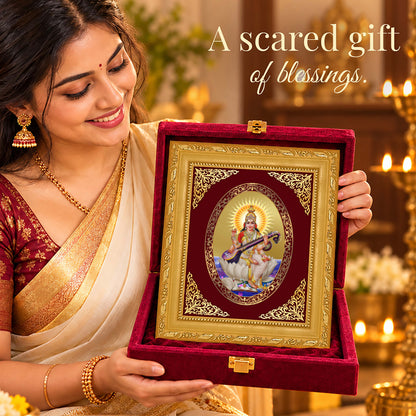 24K Gold-Plated Saraswati Mata Frame | Premium Gift Box | 21.5x17.5 CM