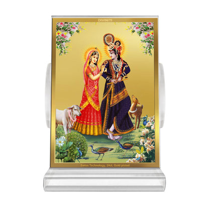 24K Gold-Plated Radha Krishna with Cow Acrylic Car Dashboard Frame | 11x7 CM