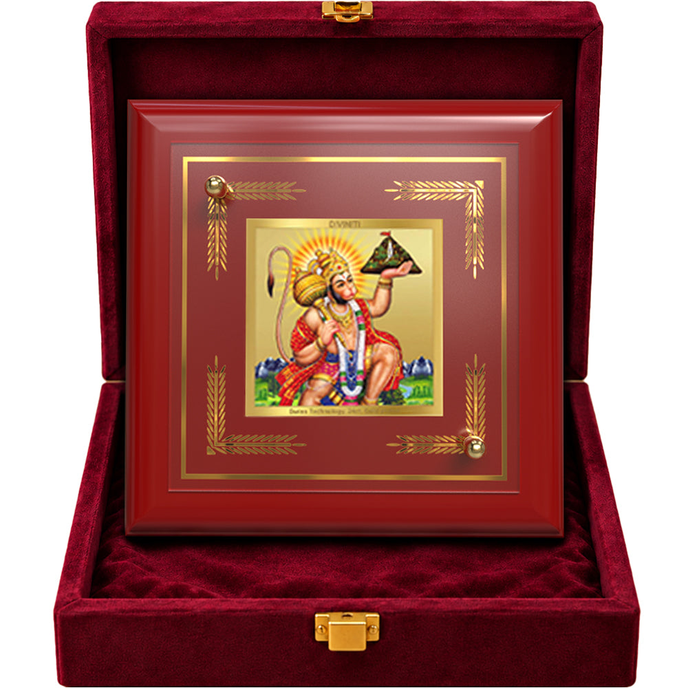 24K Gold-Plated Hanuman with Sanjeevani Mountain MDF Frame | Premium Gift Box | 10x10 CM