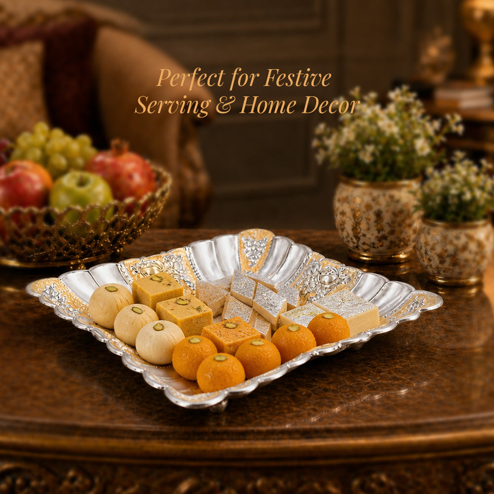 Diviniti Gold Accent German Silver Decorative Platter with Luxury Gift Box featuring assorted sweets and festive decor.