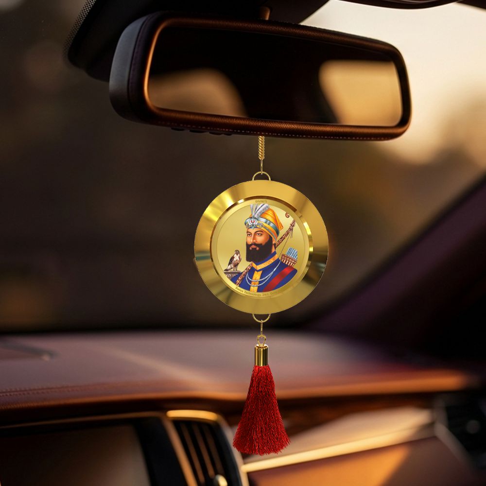 Diviniti 24K Gold Plated Double-Sided Guru Gobind Singh Ji & Golden Temple Car Dangler (5.5 cm) | Divine Hanging Car Decor for Protection, Positive Energy & Spiritual Blessings