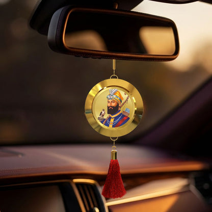 Diviniti 24K Gold Plated Double-Sided Guru Gobind Singh Ji & Golden Temple Car Dangler (5.5 cm) | Divine Hanging Car Decor for Protection, Positive Energy & Spiritual Blessings