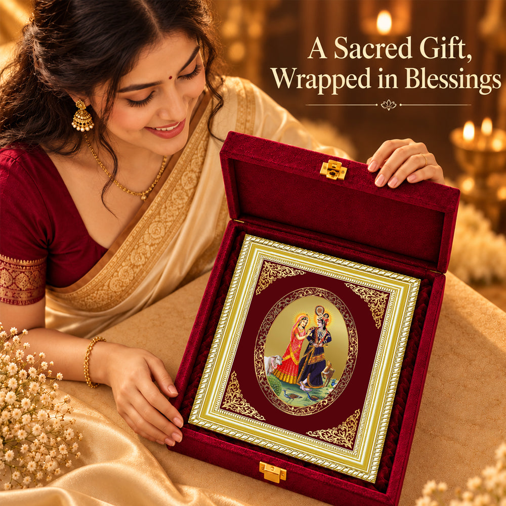24K Gold-Plated Radha Krishna with Cow Frame | Premium Gift Box | 35x27 CM