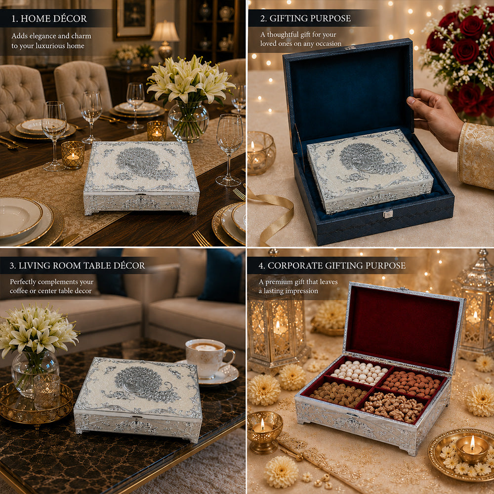 Diviniti German Silver Peacock Decorative Box 4-in-1 | Elegant White Finish Multipurpose Box with Luxury Gift Box