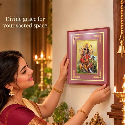 24K Gold-Plated Durga Mahishasura Mardini MDF Frame | Premium Gift Box | 22 x18 CM