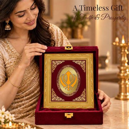 24K Gold-Plated Khanda Sahib BG Frame | Premium Gift Box | 16 X 13.5 CM