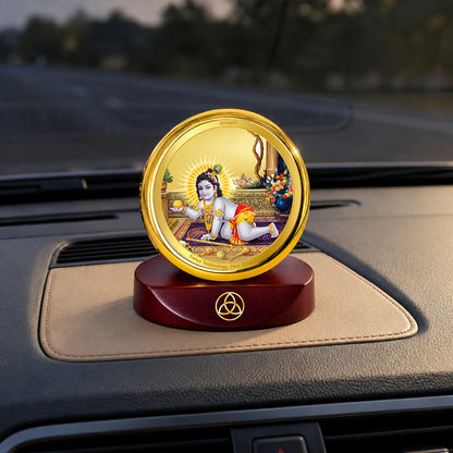 24K Gold-Plated Laddu Gopal Car Dashboard Frame | 5x5 CM