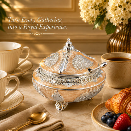 Diviniti Silver-Plated Decorative Sugar Pot with Lid | Luxury Peach Enamel Bowl for Sugar, Mishri, Dry Fruits & Premium Gifting