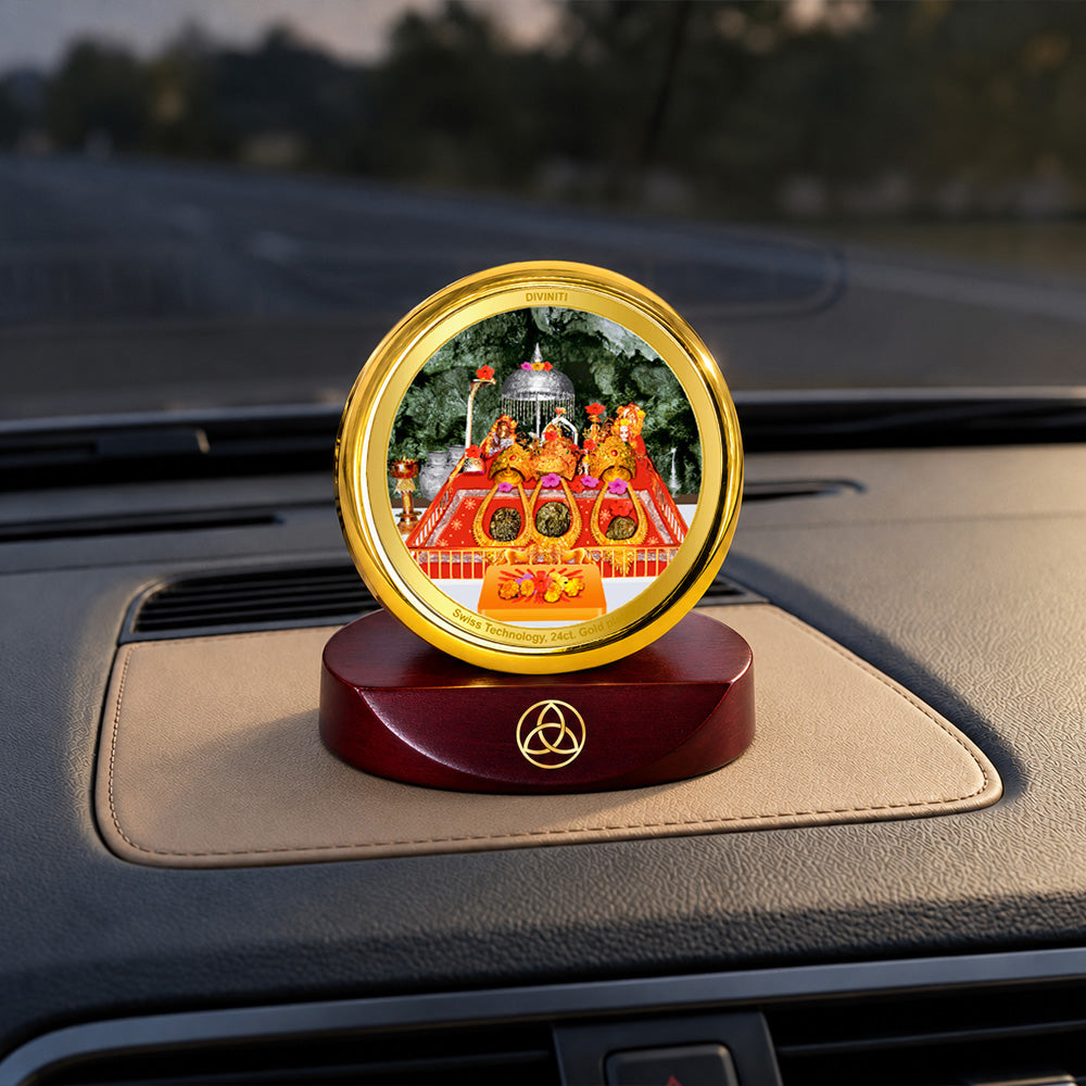 24K Gold-Plated Vaishno Devi Mata Darbar Car Dashboard Frame | 5x5 CM