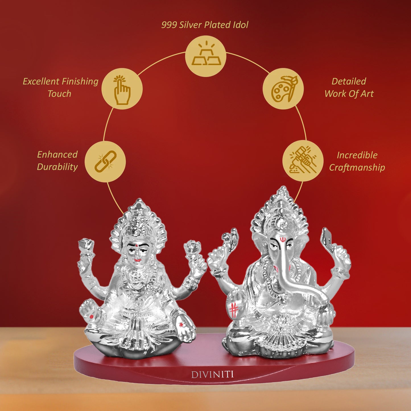 DIVINITI 999 Silver Plated Laxmi Ganesh Ji Idol Statue Radiant Symbol of Wealth and Wisdom for Home Office Décor, Puja Room, Tabletop Gift (6x5 CM)