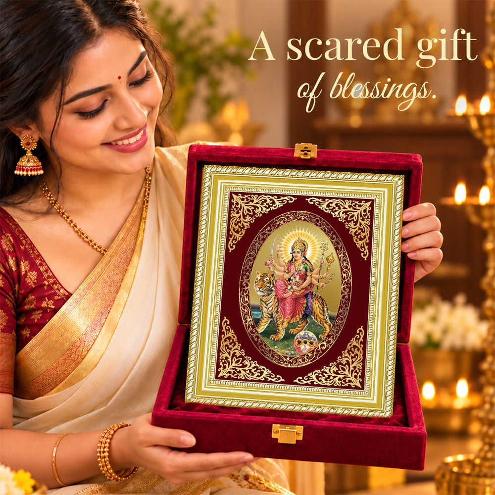 24K Gold-Plated Durga Sherawali Mata with Pindi Frame | Premium Gift Box | 26x20 CM