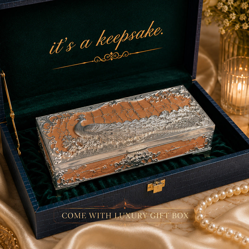 Diviniti Luxury German Silver Peacock 2-in-1 Box | Elegant Peach Multipurpose Gift Box