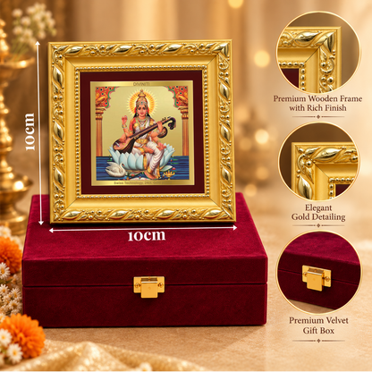 24K Gold-Plated Goddess Saraswati Frame | Premium Gift Box | 10x10 CM
