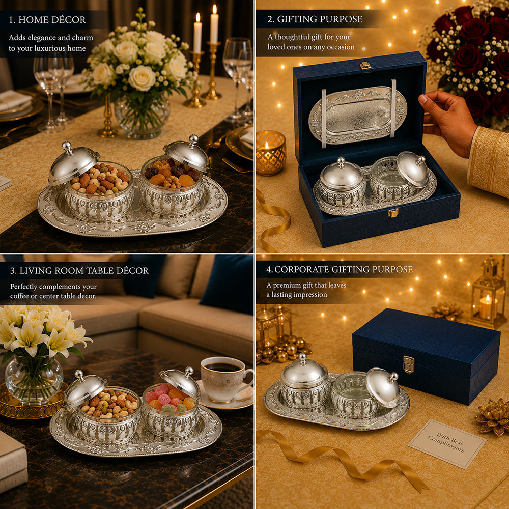 Diviniti Luxury Silver-Plated Double Bowl Serving Set | Elegant White Design with Lids & Decorative Tray