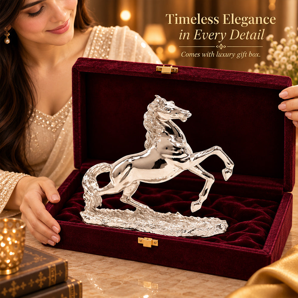 999 Silver-Plated Jumping Horse Idol | Premium Gift Box | 17x22 CM