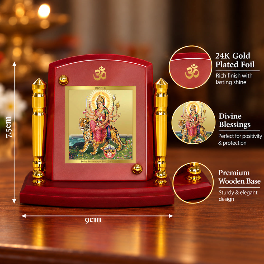 24K Gold-Plated Durga Sherawali Mata with Pindi MDF Car Dashboard Frame | 7.5x9 CM