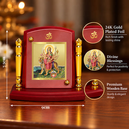 24K Gold-Plated Durga Sherawali Mata with Pindi MDF Car Dashboard Frame | 7.5x9 CM