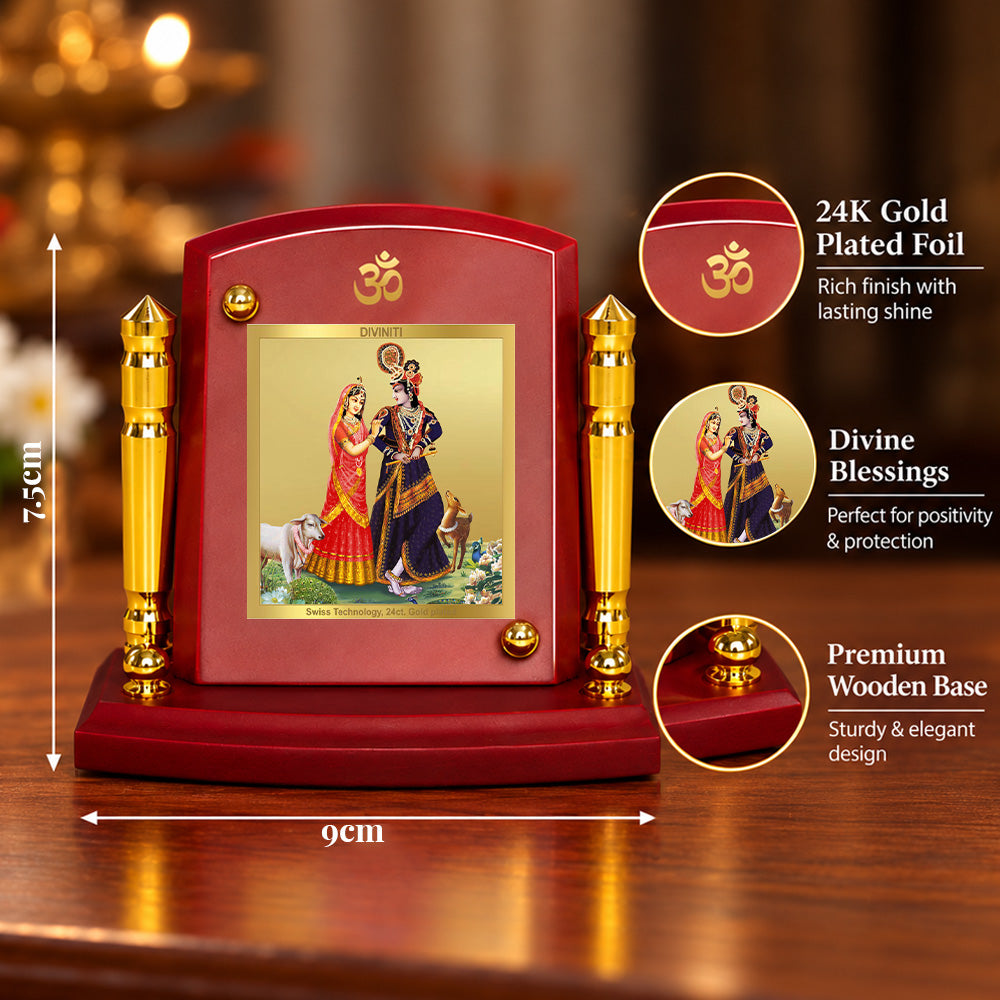 24K Gold-Plated Radha Krishna with Cow MDF Car Dashboard Frame | 7.5x9 CM