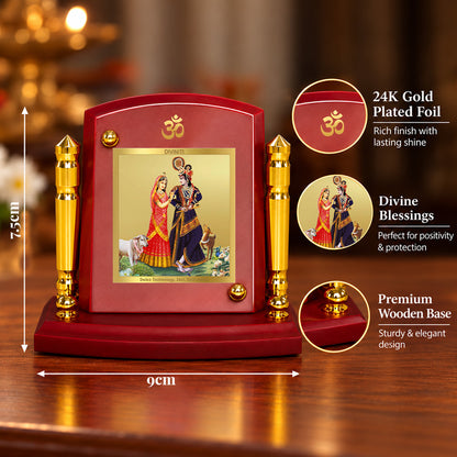 24K Gold-Plated Radha Krishna with Cow MDF Car Dashboard Frame | 7.5x9 CM