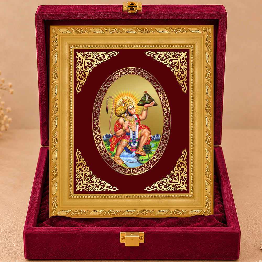 24K Gold-Plated Lord Hanuman with Sanjeevani Mountain Frame | Premium Gift Box | 16x13.5 CM