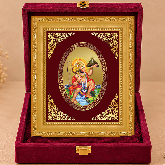 24K Gold-Plated Lord Hanuman with Sanjeevani Mountain Frame | Premium Gift Box | 16x13.5 CM