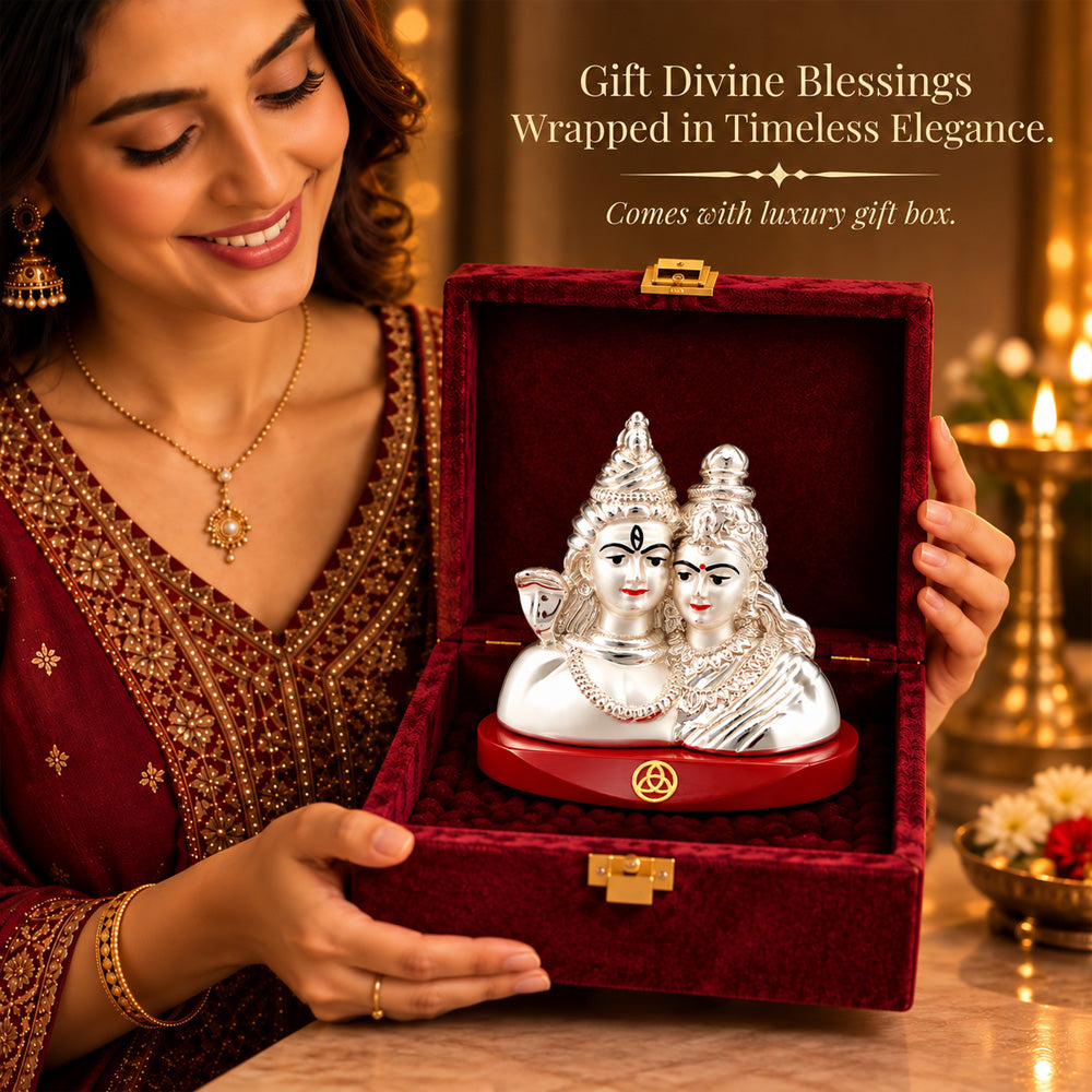 DIVINITI 999 Silver-Plated Shiv Parvati Idol | Car & Home Decor | Gift Box | 7.5x6 CM