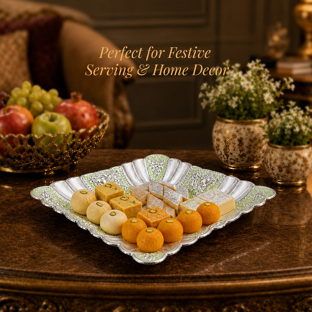 Diviniti Green German Silver Decorative Platter with luxury sweets, perfect for festive serving and home decor.
