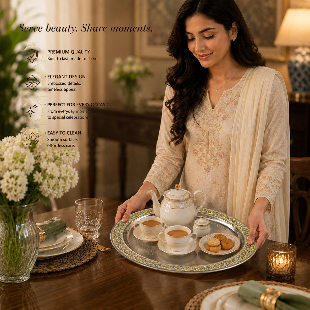 Diviniti Silver-Plated Oval Decorative Tray with Green Enamel Accents | Luxury Serving Platter for Dry Fruits, Sweets & Premium Gifting